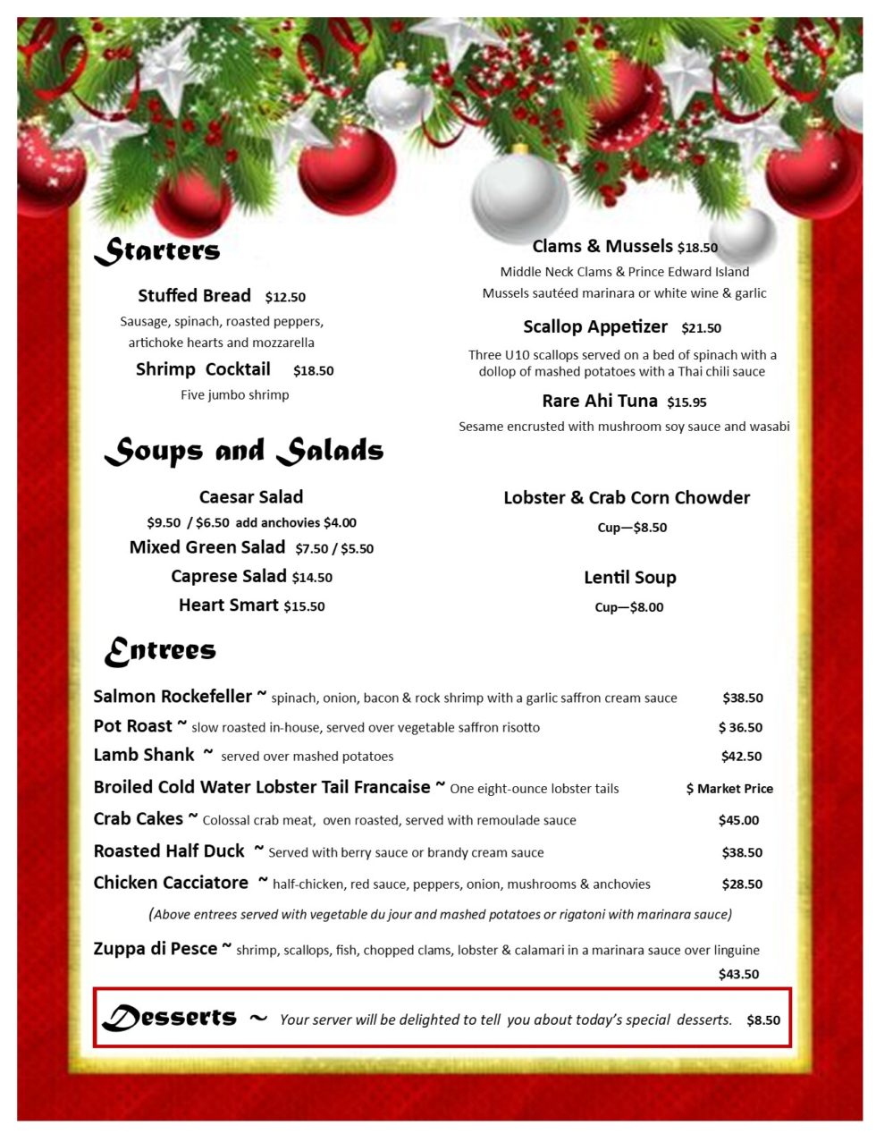 Holiday Menu | Paulie's at the Oaks on 44