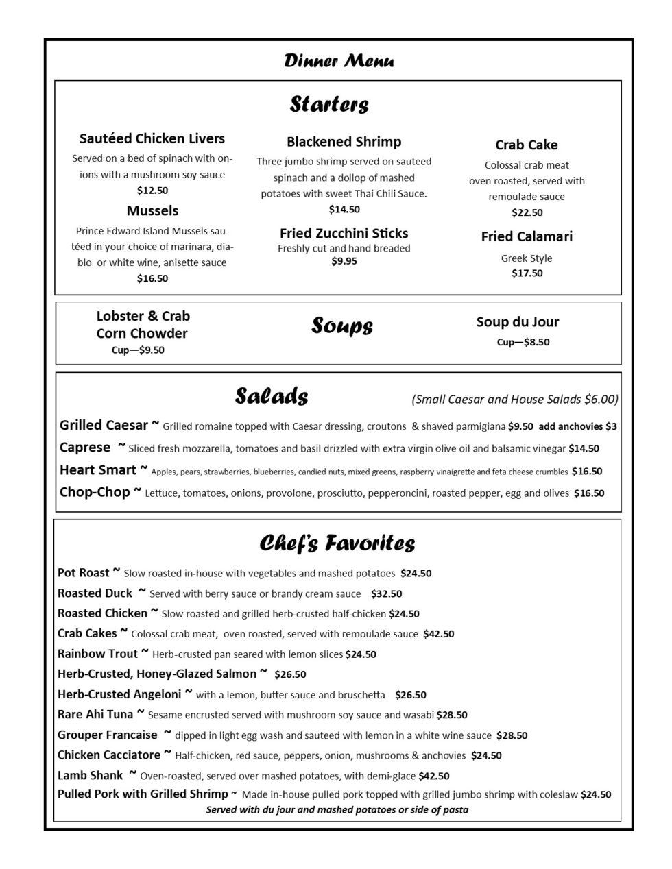 Dinner Menu Paulie's at the Oaks on 44